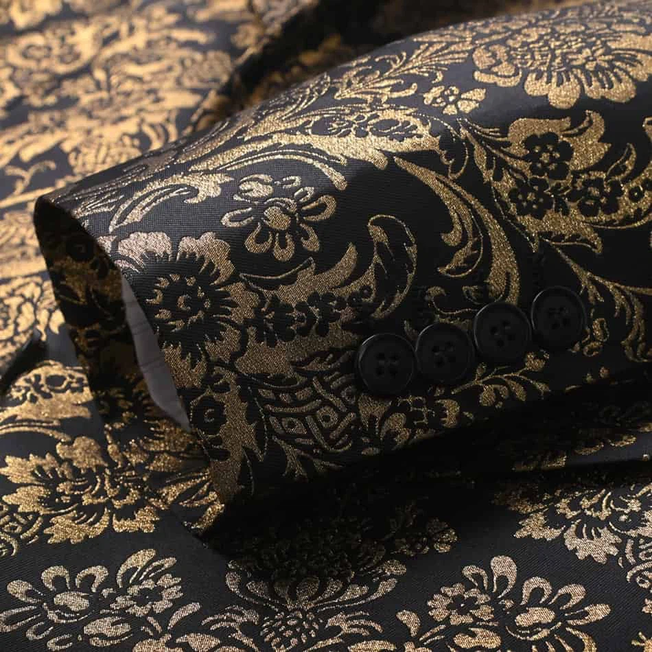 Luxury Men's Black Gold Embroidered Suit Jacket With Floral Pattern - Vintage Style Formal Blazer