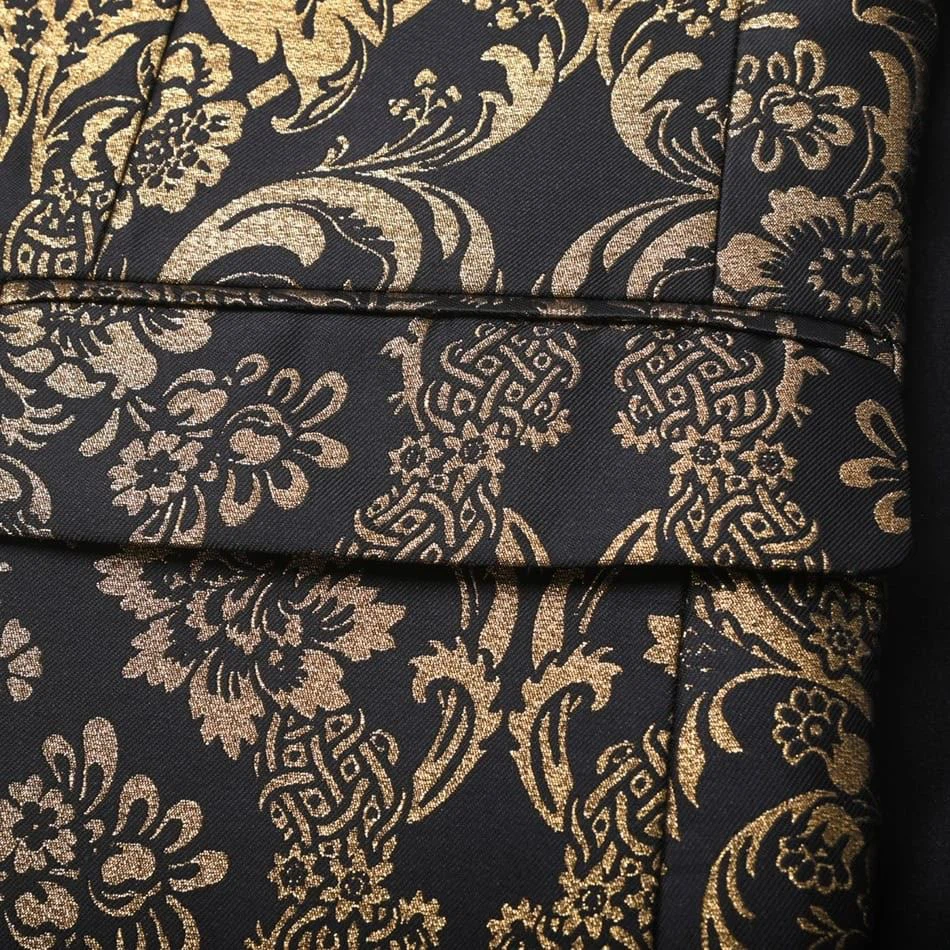 Luxury Men's Black Gold Embroidered Suit Jacket With Floral Pattern - Vintage Style Formal Blazer